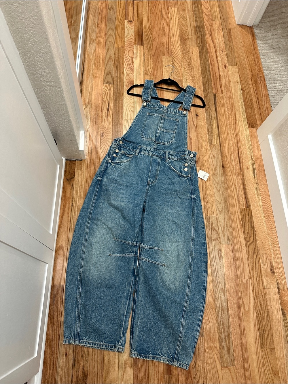 Free People Faded Blue Denim Wide-Leg Overalls